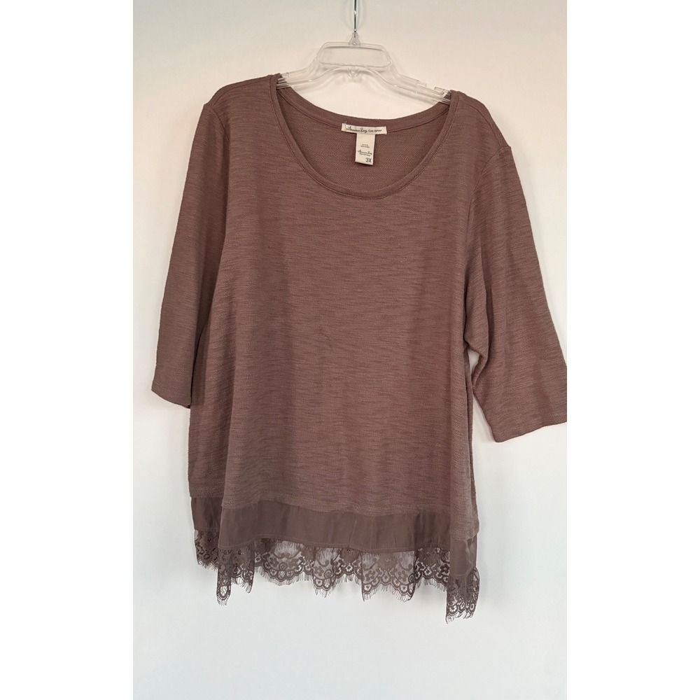 American Rag Cie Womens 3X Chocolate Brown Lace Trim Layered Hem Knit Top Boho